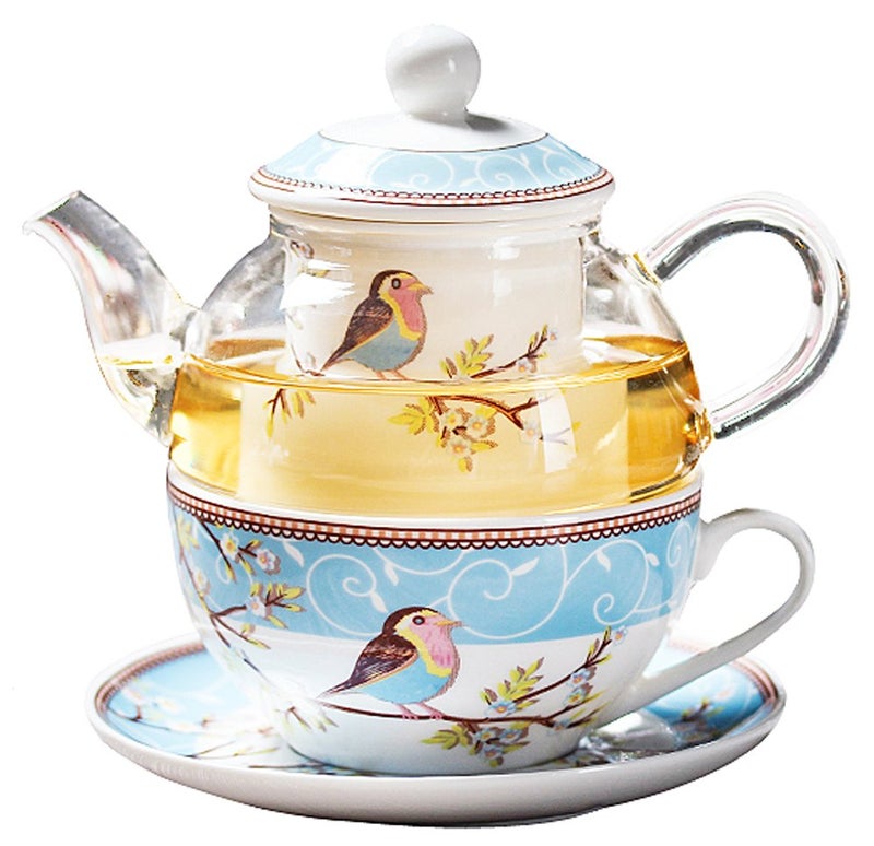 Jusalpha Glass Teapot with a Fine China Infuser Strainer, Cup and Saucer Set,Teapot and Teacup for One, Tea for one #05 (Blue) - Image 1